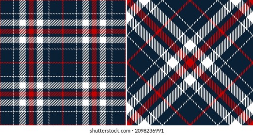 Check plaid pattern in navy blue, red, white. Seamless classic tartan set for for spring summer autumn winter flannel shirt, pyjamas, dress, jacket, scarf, other modern fashion fabric design.