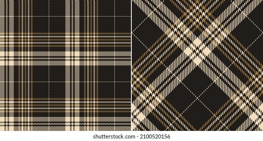 Compruebe la impresión de un patrón de plaid en oro, negro, beige. Ilustración escocesa escocesa de color marrón oscuro sin foco para camisa de banda, manta, arroyo, otro diseño moderno de tela de moda de primavera otoño.