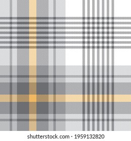 Check plaid pattern for scarf, duvet cover print, blanket design, poncho in grey, yellow, white. Large textured plaid vector graphic background for modern everyday spring summer autumn winter fabrics.