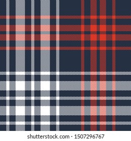 Check plaid pattern. Seamless classic herringbone tartan plaid in dark blue, red, and white for flannel shirt, poncho, blanket, or other modern textile design.