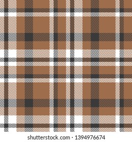 Check plaid pattern seamless vector in orange brown, grey, and white. Scottish checked plaid for flannel shirt, poncho, scarf, blanket, or other modern fashion textile design. Herringbone texture.
