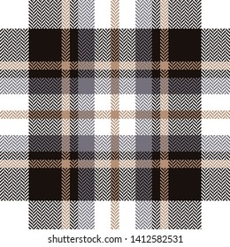 Check plaid pattern seamless vector graphic. Herringbone pixel checkered plaid in dark brown, beige, grey, and white for modern textile design.