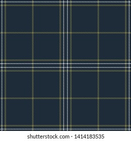 Check plaid pattern seamless vector background. Tartan plaid in dark blue, olive green, and white for modern fabric design. Hounds tooth stripe texture.