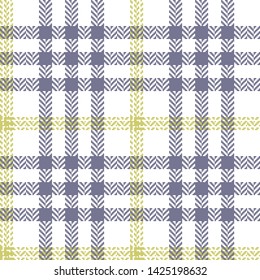 Check plaid pattern seamless vector graphic. Herringbone textured tartan plaid in purple, green, and white for summer fashion fabric design.