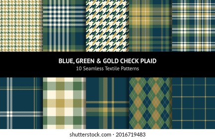 Check plaid pattern set for autumn winter in blue, green, gold, off white. Seamless dark tartan plaid vector for flannel shirt, skirt, blanket, duvet cover, other modern fashion fabric design.