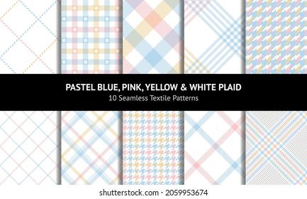Check plaid pattern set for Easter in pastel blue, pink, yellow, white. Seamless multicolored tartan graphics for shirt, skirt, flannel shirt, scarf, other modern spring summer fashion textile print.