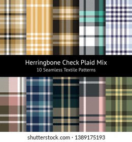 Check plaid pattern set. Herringbone plaid in luxury gold, grey, white, black, green, sunny yellow, pink, blue, purple, and brown for scarf, poncho, flannel shirt, blanket, or other textile design.