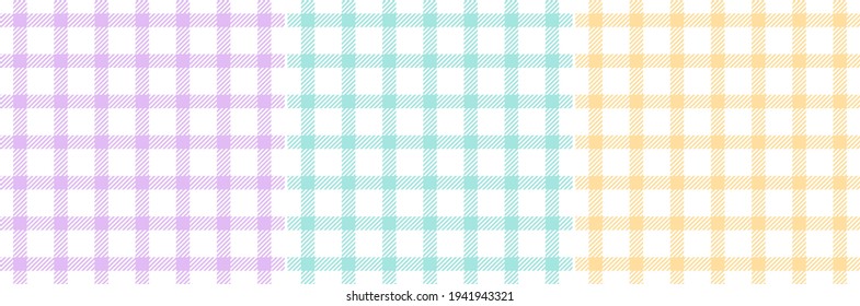 Check plaid pattern set. Pastel purple, green, yellow, white small simple seamless checks vector for cloth, napkin, handkerchief, other trendy spring summer everyday fashion fabric or paper print.