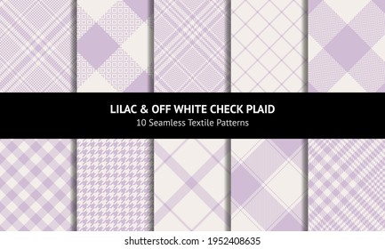 Check plaid pattern set in pastel lilac and off white. Seamless light tartan. Glen, tweed, gingham, vichy, buffalo check, tattersall, windowpane, houndstooth for spring summer fashion fabric design.