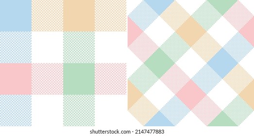 Check Plaid Pattern Set In Pastel Colorful Blue, Pink, Green, Yellow, White. Seamless Large Tartan Buffalo Check For Spring Summer Beach Blanket, Beach Towel, Other Modern Holiday Textile Design.