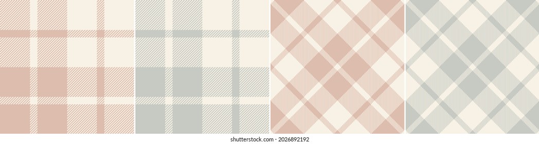 Check plaid pattern set in soft grey, pink, beige. Seamless classic muted neutral light tartan check for spring summer tablecloth, oilcloth, picnic blanket, duvet cover, other modern fabric print.