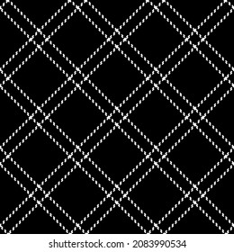 Check plaid pattern with stitched double line. Seamless classic simple thin diagonal dark tartan in black and white for jacket, coat, skirt, other modern spring summer autumn winter textile print.