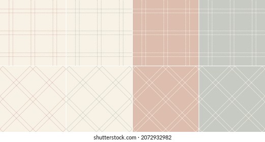 Check plaid pattern with thin double line in soft cashmere grey, pink, beige for minimal dress, jacket, scarf, trousers, skirt. Seamless modern tartan set for spring summer autumn winter fabric print.