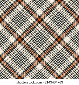 Check plaid pattern tweed in black, orange, beige. Seamless diagonal glen tartan plaid texture for dress, skirt, scarf, throw, blanket, other modern spring autumn winter fashion textile design.