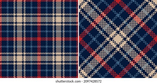 Check plaid pattern tweed in navy blue, red, beige. Seamless herringbone textured small tartan for dress, jacket, skirt, scarf, other modern spring summer autumn winter fashion textile print.