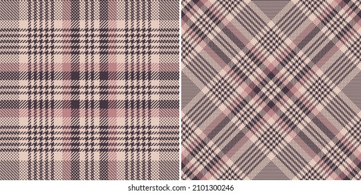 Check plaid pattern tweed in pink and brown for spring autumn winter. Seamless large glen tartan vector set for flannel shirt, skirt, blanket, duvet cover, other modern fashion textile print.