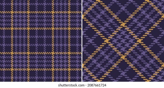 Check plaid pattern tweed in purple and gold for dress, jacket, skirt, scarf, coat. Seamless autumn Halloween houndstooth tartan plaid vector graphic for modern fashion textile design.