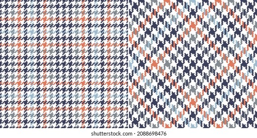 Compruebe el patrón de plaid retorcido para el invierno de otoño de primavera en azul marino, gris, naranja, blanco. Impresión de lona de diente de perro texturada en píxeles sin brillo para vestir, chaqueta, bufanda, otro diseño de tela de moda moderna.