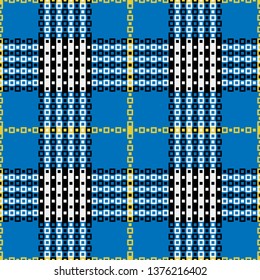 Check plaid pattern vector in blue, yellow, white, and black for fashion textile print, wrapping, or packaging design. Seamless pattern.