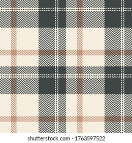 Check plaid pattern vector in grey, orange, beige. Seamless herringbone textured plaid graphic for flannel shirt, skirt, tablecloth, or other modern fashion textile print.