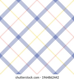 Check plaid pattern windowpane in blue purple, coral pink, yellow, white. Seamless tartan vector for flannel shirt, tablecloth, blanket, duvet cover, other modern spring summer fashion fabric design.