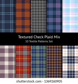 Check plaid patterns set of 10. Tartan and gingham / vichy textured seamless plaid for fashion textile print. Blue, purple, orange, pink, red colors. Pattern swatches included.