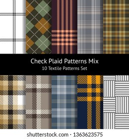 Check plaid patterns set. Seamless tartan plaid for textile designs. White, black, green, orange, brown, pink, grey, beige, gold, blue, navy blue, yellow colors. Pattern swatches included.