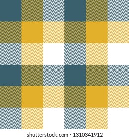 Check plaid pixel tartan pattern in blue, yellow, and white. Herringbone texture. Seamless tile for scarf, shirt, blanket, throw, or other winter fashion fabric designs. Large checks.