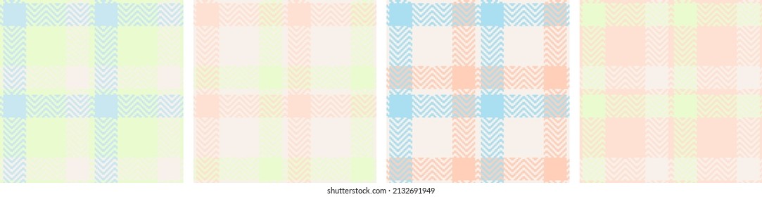 Check plaid seamless gingham pattern set. Blue, green, white Scottish cage. Textured herringbone wallpaper. Of printing on fabric, shirt, textile, curtain and tablecloth. Vector. 