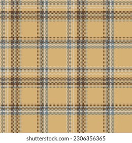 Check plaid seamless pattern. Beige, yellow, blue, brown pixel background checkered. Abstract tartan texture. Vector graphics printing on fabric, shirt, textile, curtain and tablecloth.