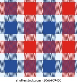 Check plaid seamless pattern. Blue, red, gray simmetric  herringbone background texture. Scottish fashion cage. Vector graphics of printing on fabric, shirt, textile, curtain and tablecloth.