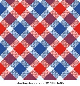 Check plaid seamless pattern. Blue, red, gray geometric  herringbone background texture. Scottish fashion cage. Vector graphics of printing on fabric, shirt, textile, curtain and tablecloth.