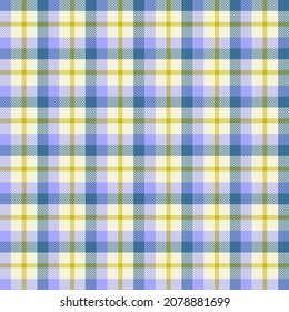 Check plaid seamless pattern. Blue, yellow, purple geometric herringbone background texture. Scottish fashion cage. Vector graphics of printing on fabric, shirt, textile, curtain and tablecloth.