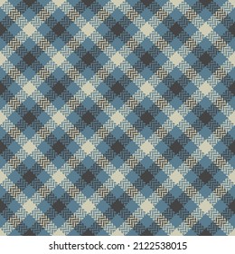 Check plaid seamless pattern. Blue, gray textured herringbone. Scottish fashion cage background. Of printing on fabric, shirt, textile, curtain and tablecloth. Vector graphics. 