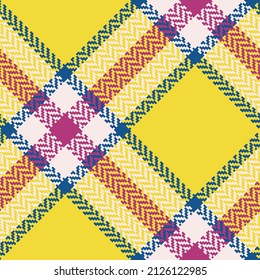 Check plaid seamless pattern. Blue, yellow, burgundy, white textured herringbone. Scottish fashion cage background. Of printing on fabric, shirt, textile, curtain and tablecloth. Vector graphics. 