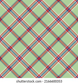 Check plaid seamless pattern. Blue, red, green geometric  herringbone background textured. Scottish fashion cage. Vector graphics of printing on fabric, shirt, textile, curtain and tablecloth.