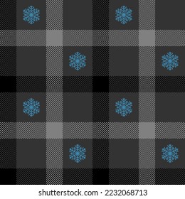 Check plaid seamless pattern with blue snowflakes. Black and white tartan pixel texture background. Fashion scottish wallpaper. Printing on fabric, shirt, textile and tablecloth. Vector.