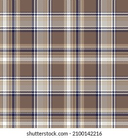 Check plaid seamless pattern. Brown, white, gray, blue geometric herringbone background texture. Scottish fashion cage. Vector graphics of printing on fabric, shirt, textile, curtain and tablecloth.