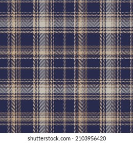 Check plaid seamless pattern. Brown, white, gray, blue geometric herringbone background texture. Scottish fashion cage. Vector graphics of printing on fabric, shirt, textile, curtain and tablecloth.