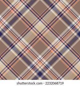 Check plaid seamless pattern. Brown, white, gray, blue geometric herringbone background textured. Scottish fashion cage. Vector graphics of printing on fabric, shirt, textile, curtain and tablecloth.
