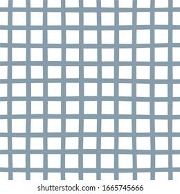 Check plaid seamless pattern. Chequered lattice print for fabric, paper, textile design, tabelcloths, interior in scandinavian style. Thin weave crossed blue lines. Hand drawn vector illustration.