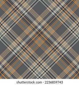 Check plaid seamless pattern. Gray, brown, black pixel background checkered. Tartan cage abstract textured. Printing on fabric, shirt, textile, curtain and tablecloth. Vector graphic.
