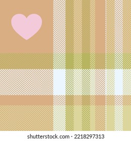 Check plaid seamless pattern with hearts. Colored background scottish checkered herringbone texture. Tartan vector wallpaper. Of printing on fabric, shirt, textile, curtain and tablecloth.