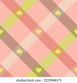 Check plaid seamless pattern with hearts. Tartan pixel texture background. Color fashion scottish wallpaper checkered. Printing on fabric, shirt, textile, curtain and tablecloth. Vector.