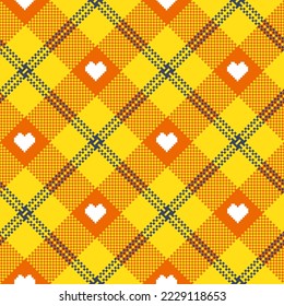 Check plaid seamless pattern with hearts. Tartan pixel texture background. Color fashion scottish wallpaper checkered. Printing on fabric, shirt, textile, curtain and tablecloth. Vector.