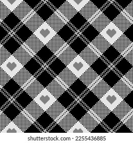 Check plaid seamless pattern with hearts. Black and white tartan pixel texture background. Fashion scottish wallpaper checkered. Printing on fabric, shirt, textile and tablecloth. Vector.