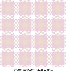 Check plaid seamless pattern. Pink, white, yellow textured herringbone. Scottish fashion cage background. Of printing on fabric, shirt, textile, curtain and tablecloth. Vector graphics. 