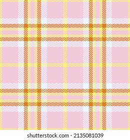 Check plaid seamless pattern. Pink, white, yellow geometric herringbone background textured. Scottish fashion cage. Vector graphics of printing on fabric, shirt, textile, curtain and tablecloth.