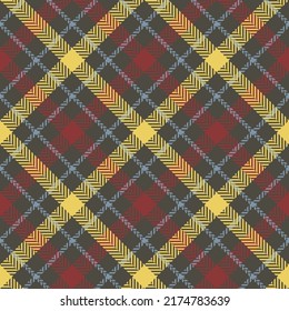 Check plaid seamless pattern. Red, yellow, blue, gray textured herringbone. Scottish fashion cage background. Vector graphics of printing on fabric, shirt, textile, curtain and tablecloth.