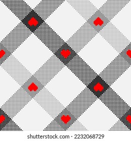Check plaid seamless pattern with red hearts. Black and white tartan pixel texture background. Fashion scottish wallpaper checkered. Printing on fabric, shirt, textile and tablecloth. Vector.